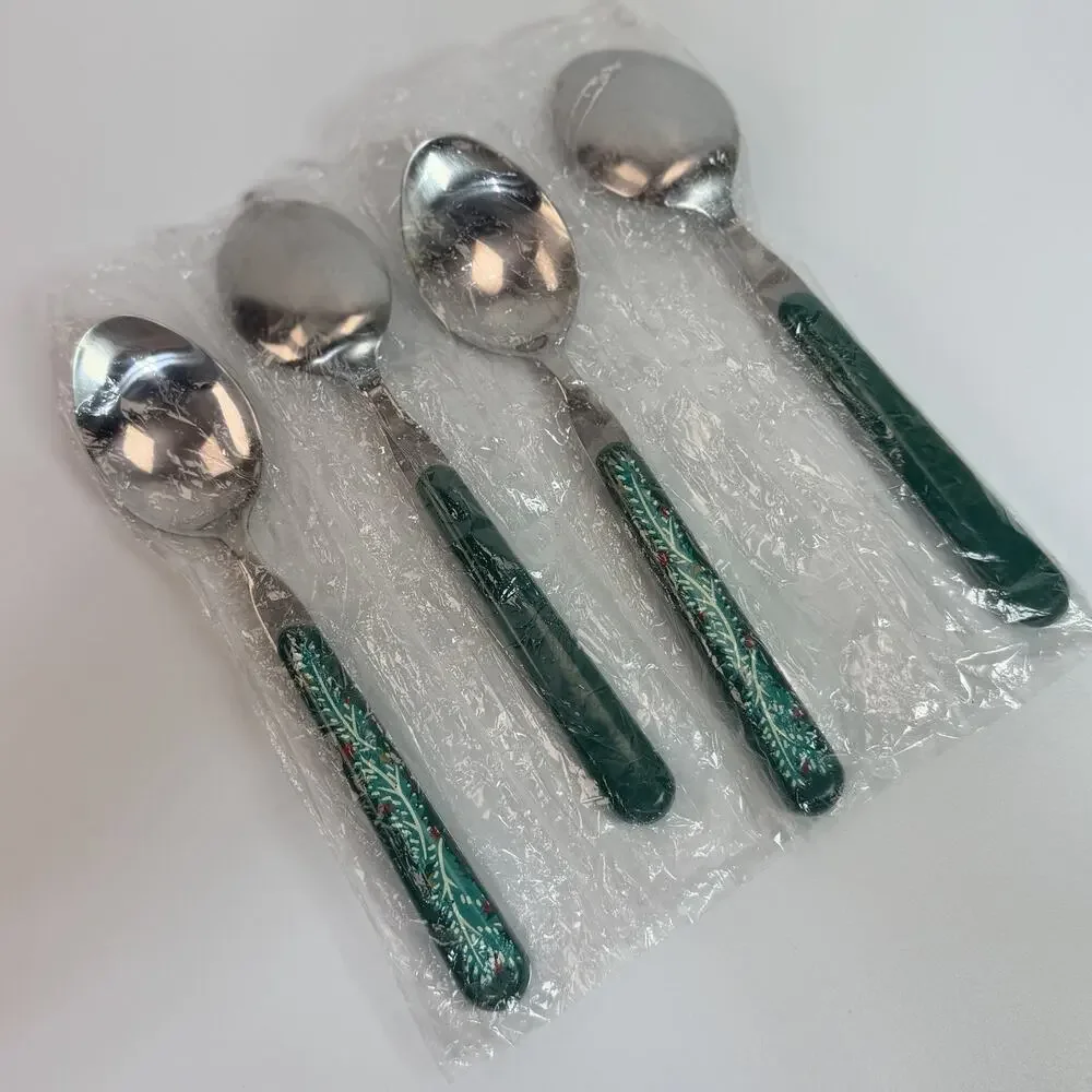 Set 4 Vtg Oneida Table Soup Spoon Christmas Green Garland Stainless Flatware